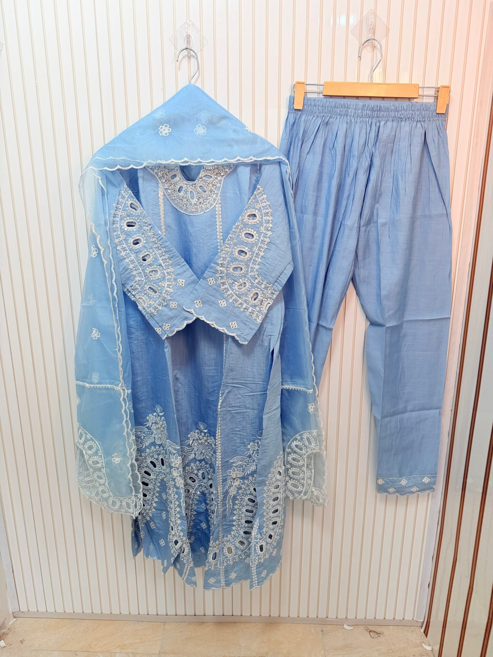 Roman Silk A-Line Cutwork Suit - Image 5