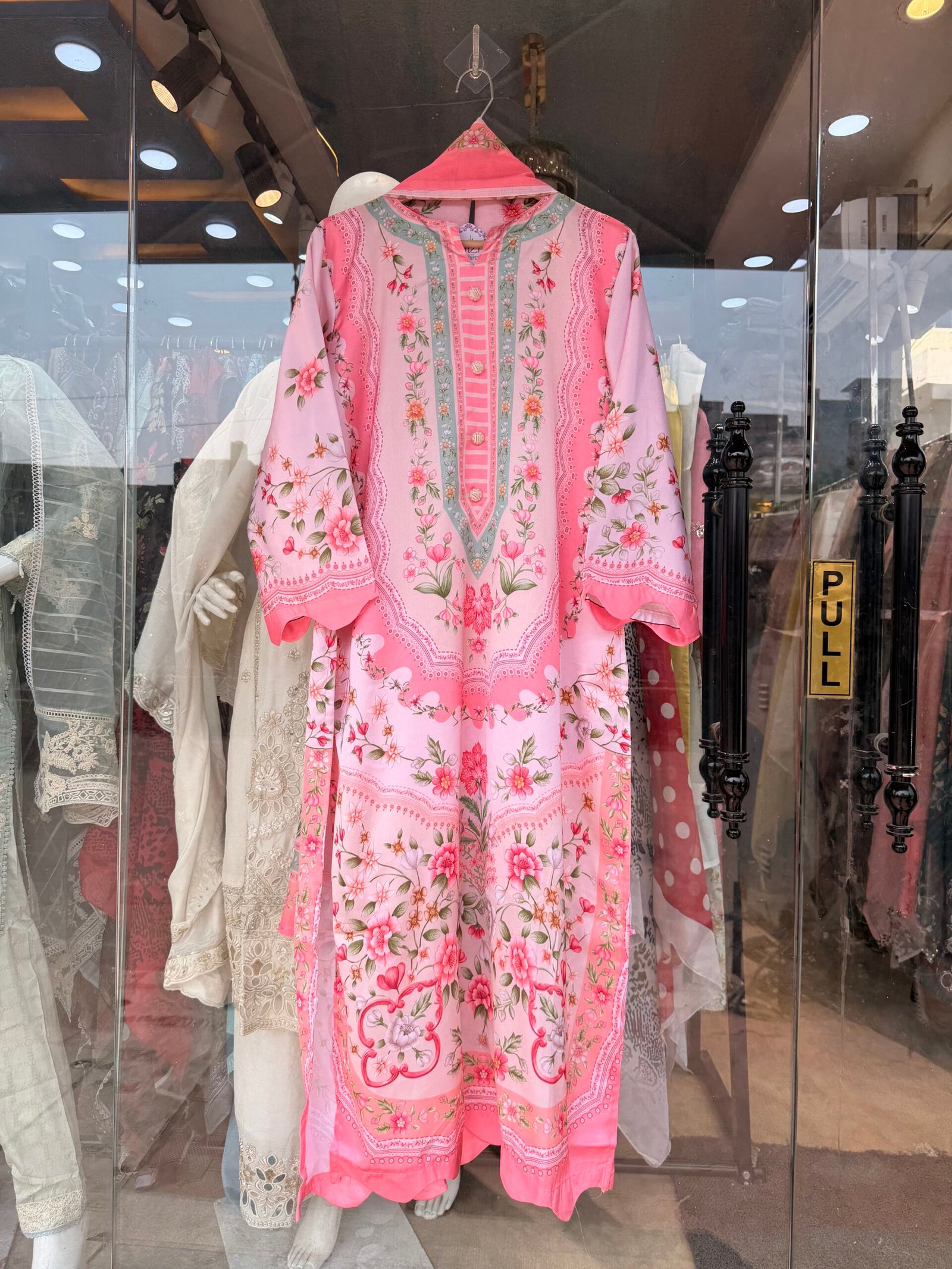 Satin Printed Suit with Velvet Dupatta
